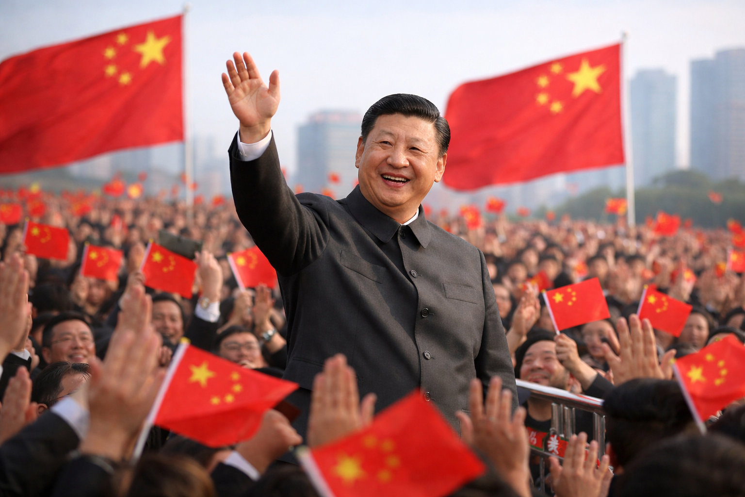 Chinese President Xi Jinping waves to a cheering crowd as Chinese flags fill the background during a public celebration.