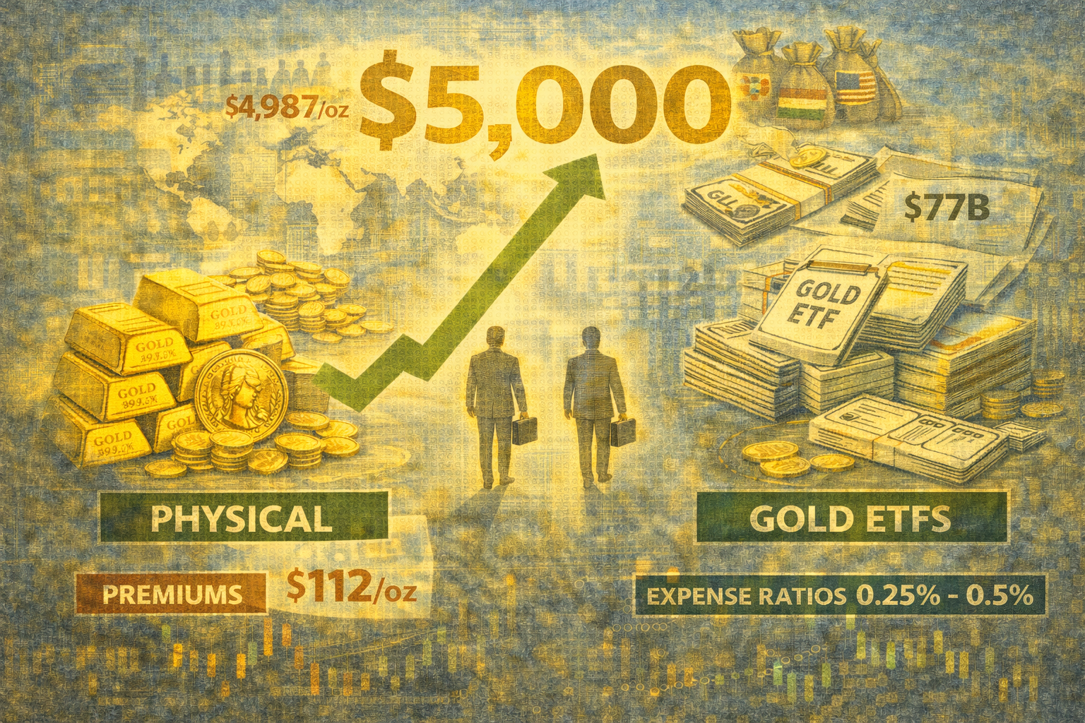 Gold nears $5,000/oz: compare physical bullion vs ETFs, costs, risks, and which option fits your portfolio goals.