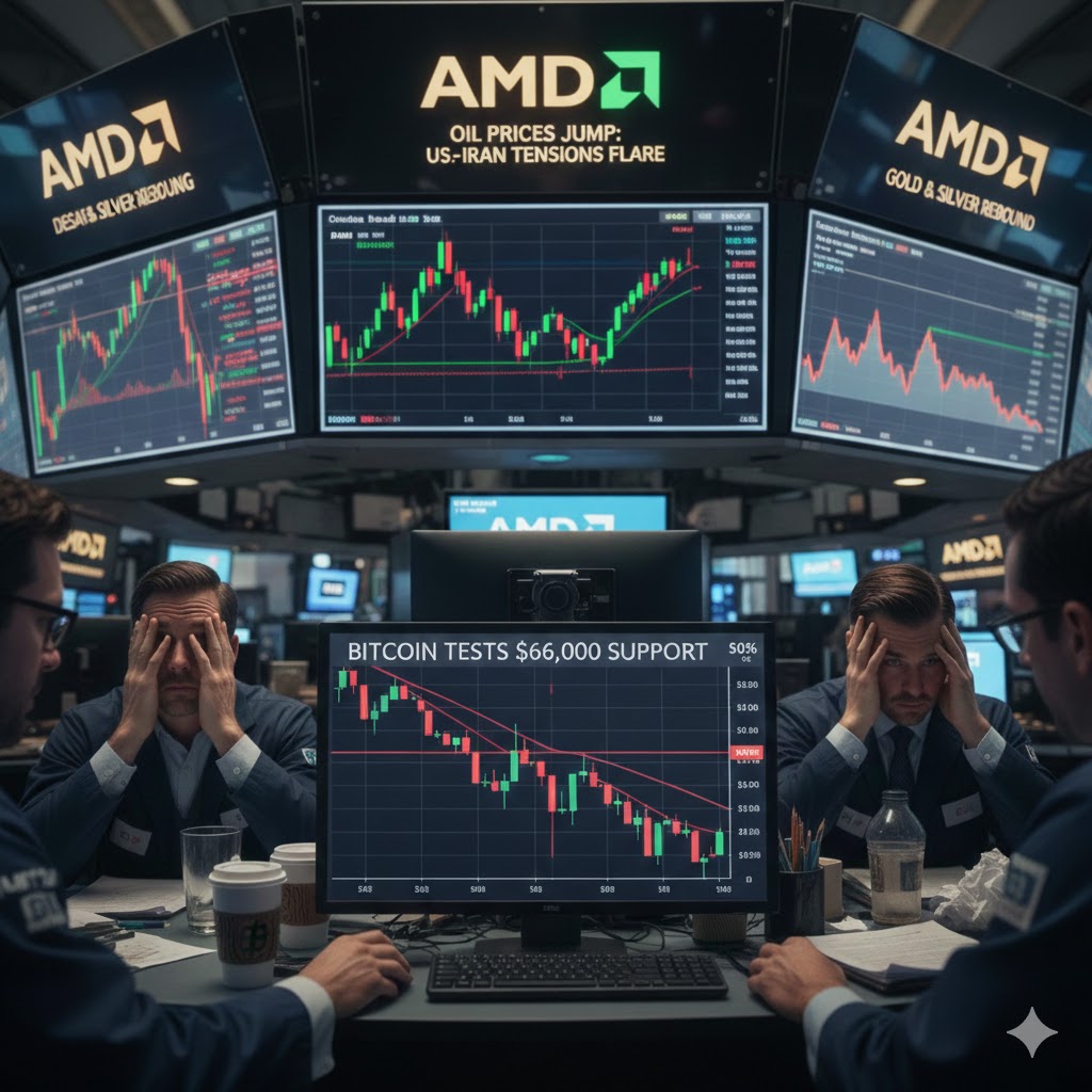 Stocks wobble as AMD sinks despite earnings, oil jumps on U.S.–Iran tension, metals rebound, and bitcoin eyes key support.